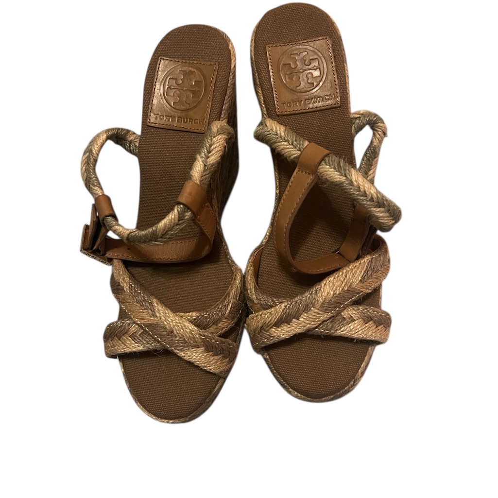 Tory Burch Brown Leather Braided Rope Espadrille Wedge Sandals Platform Heels